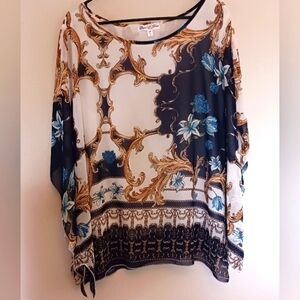 Stem & Vine Sz 2X Flutter Sleeve Blue, White, Floral Bohemian Lined Top Blouse